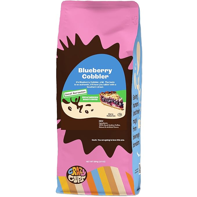 Crazy Cups Flavored Ground Decaf Blueberry Coffee, Decaffeinated Blueberry Cobbler Coffee in 10 oz Bag, For Brewing Flavored Hot or Iced (Pack of 1)