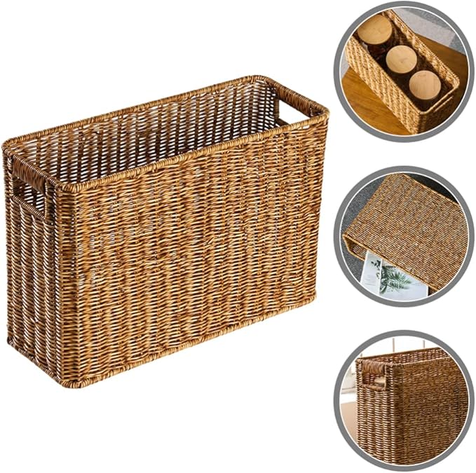 Happyyami Hand-Woven Magazine Basket Magazine Wicker Basket Rattan Magazine Holder Desk Storage Baskets with Handle for Bathroom Office