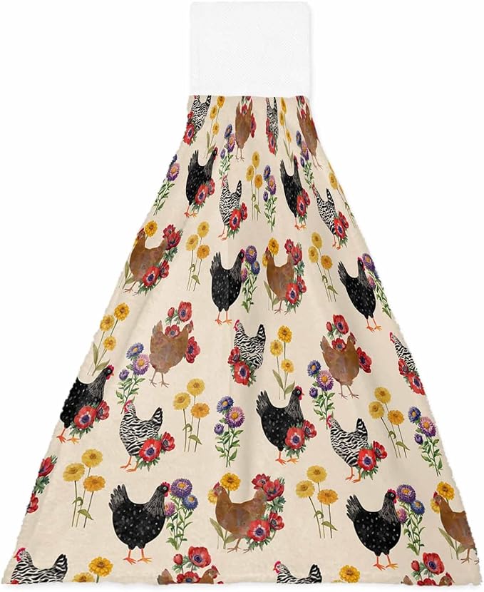 Alandar Home Kitchen Tie Towel Set of 1, Farm Chicken Colorful Poppy Absorbent Soft Hand Towels for Bathroom Hanging Towels, Spring Floral on Beige Fast Drying Cleaning Cloth with Loop