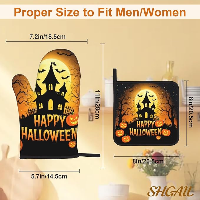 Happy Halloween Oven Mitts with Matching Potholders - Heat Resistant Kitchen Accessories for Baking, Grilling, Cooking, Gifts for Women