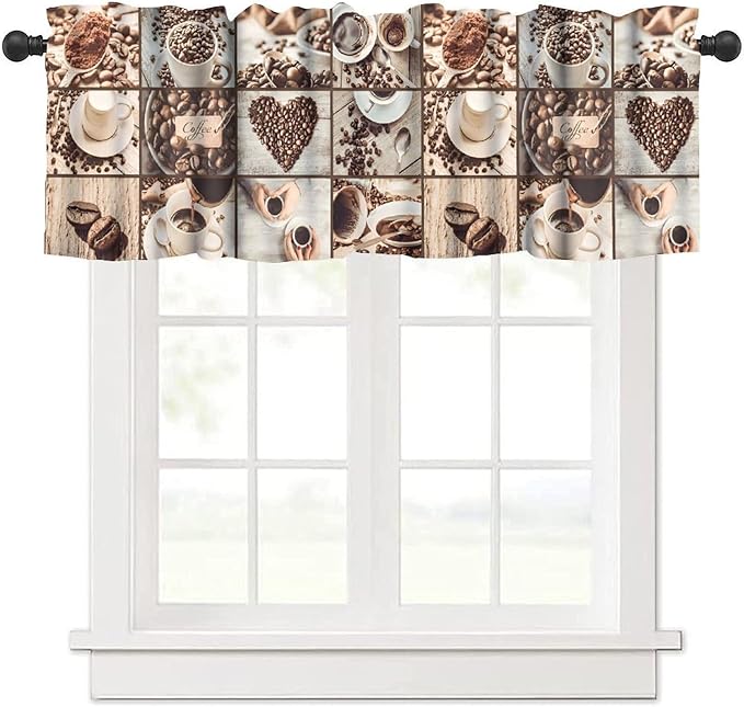 Coffee Kitchen Valance, Vintage Brown Coffee Beans Cups Heart Short Window Treatment for Cafe Kitchen Bedroom Living Room, 54x18Inch