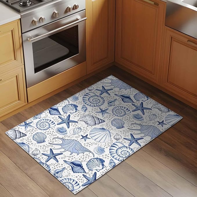 Area Rug 2x3ft, Navy Blue Starfish Conch Shell Seamless Washable Rugs for Living Room Bedroom, Summer Ocean Bubbles Soft Non-Slip Area Rugs Rectangle Floor Carpet for Dining Room