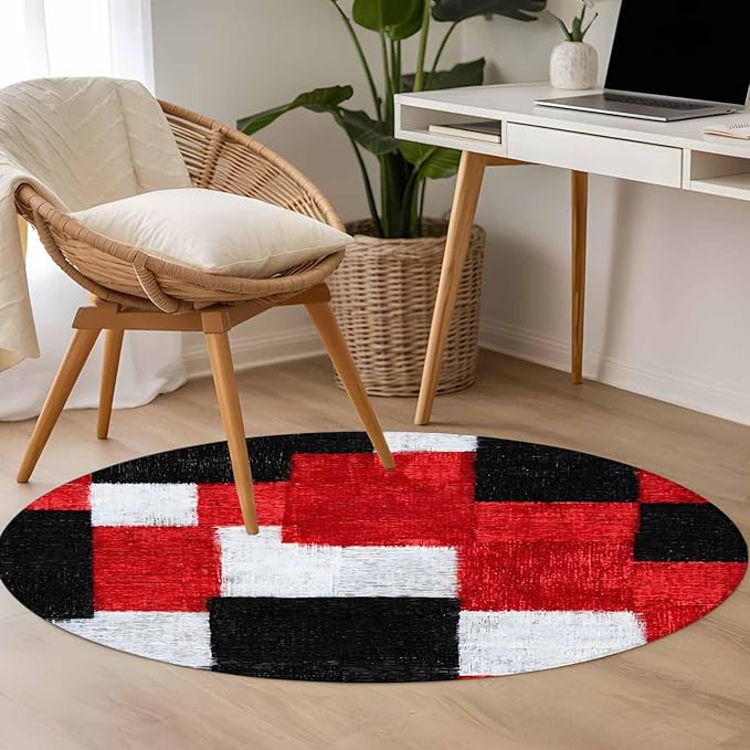 Washable Round Area Rug Red Black White Gradient Circle Rugs Floor Carpet for Living Room Bedroom, Abstract Color Block Soft Non Slip Round Rug 3ft
