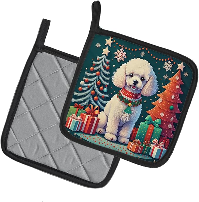 Caroline's Treasures White Toy Poodle Christmas Pair of Pot Holders Kitchen Heat Resistant Pot Holders Sets Oven Hot Pads for Cooking Baking BBQ, 7 1/2 x 7 1/2