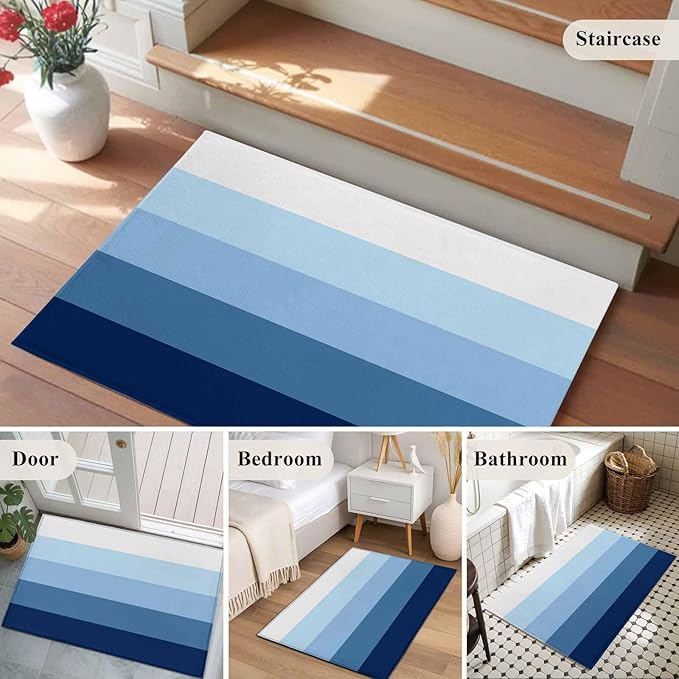 Area Rug 2x3ft, Minimalist Blue White Ombre Stripe Washable Rugs for Living Room Bedroom, Modern Gradient Art Soft Non-Slip Area Rugs Rectangle Floor Carpet for Dining Room