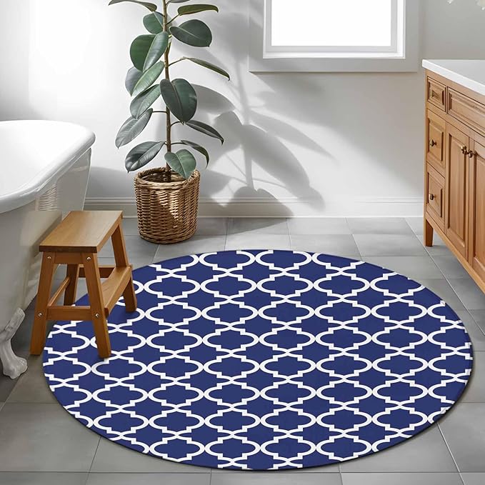 Washable Round Area Rug Navy Blue Moroccan Plaid Circle Rugs Floor Carpet for Living Room Bedroom, White Line Buffalo Lattice Soft Non Slip Round Rug 3ft