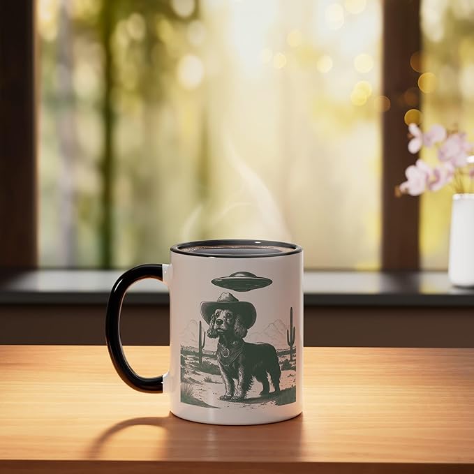Funny Cowboy Dog UFO Alien Desert Cactus Western Canine Ceramic Mug, Black/White