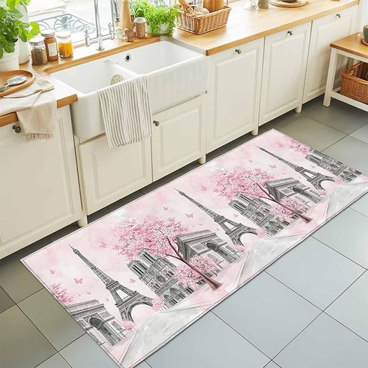 Runner Rug for Bedroom Hallway, Modern Pink Flower Paris Landmarks Kitchen Runner Rugs Area Rug 2x6ft, Towel Architecture Washable Soft Floor Carpet for Entryway Stair