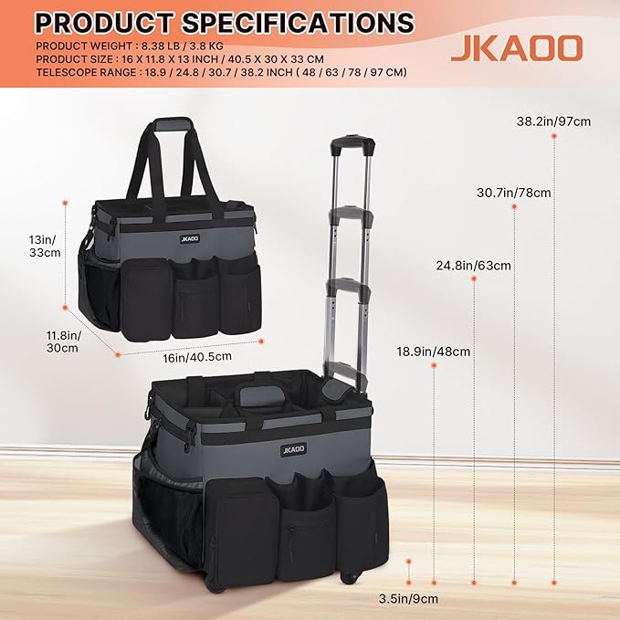 JKAOO Large Rolling Cleaning Caddy Bag with Detachable Trolley, Waterproof Cleaning Caddy on Wheels for Housekeepers, Cleaning Cart Supplies Organizer for Home,Car,Office,Picnic(Gray)(InPatent)