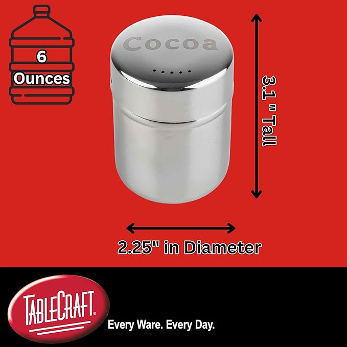 TableCraft 11051 Cocoa Shaker, 6 oz, Stainless Steel Dredge with "Cocoa" Imprint, Mirror Finish, Dishwasher Safe