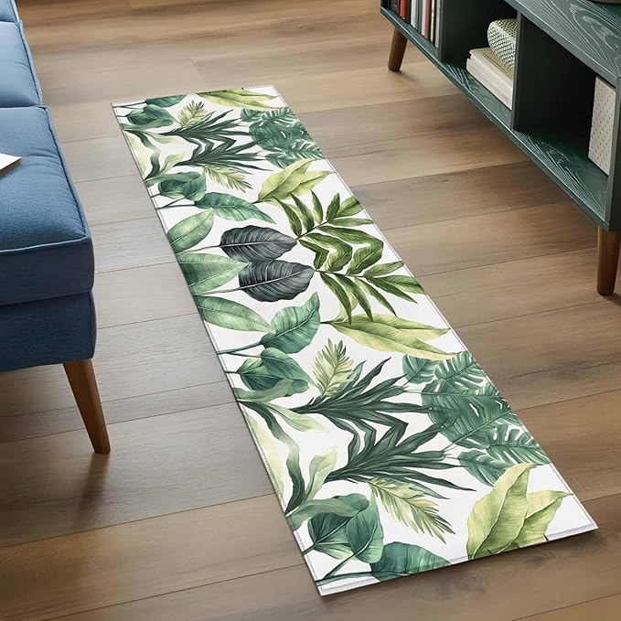 Runner Rug for Bedroom Hallway, Summer Green Tropical Palm Leaves Kitchen Runner Rugs Area Rug 2x6ft, Watercolor Plant Washable Soft Floor Carpet for Entryway Stair