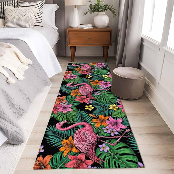 Runner Rug for Bedroom Hallway, Pink Flamingos Tropical Leaf Kitchen Runner Rugs Area Rug 2x6ft, Colorful Lily Blossom Floral Washable Soft Floor Carpet for Entryway Stair