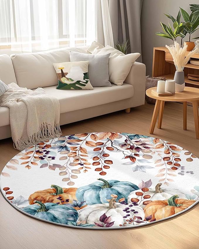 Round Area Rug,Fall Thanksgiving Pumpkin Orange Eucalyptus Leaf Circle Living Room Rug Non-Slip Rugs Indoor Carpet,Autumn Fallen Leaves Soft Comfort Rugs for Bedroom KidsRoom Nursery