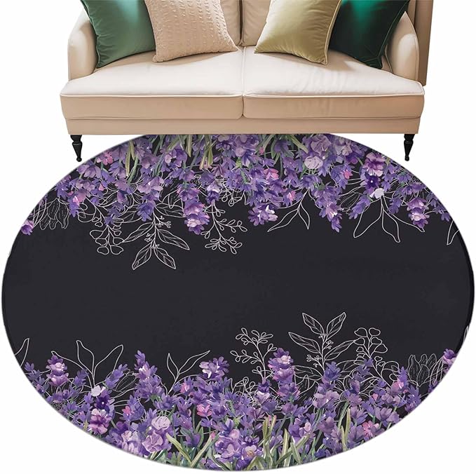 Washable Round Area Rug Spring Purple Lavender Flower Circle Rugs Floor Carpet for Living Room Bedroom, Watercolor Floral on Black Soft Non Slip Round Rug 5ft