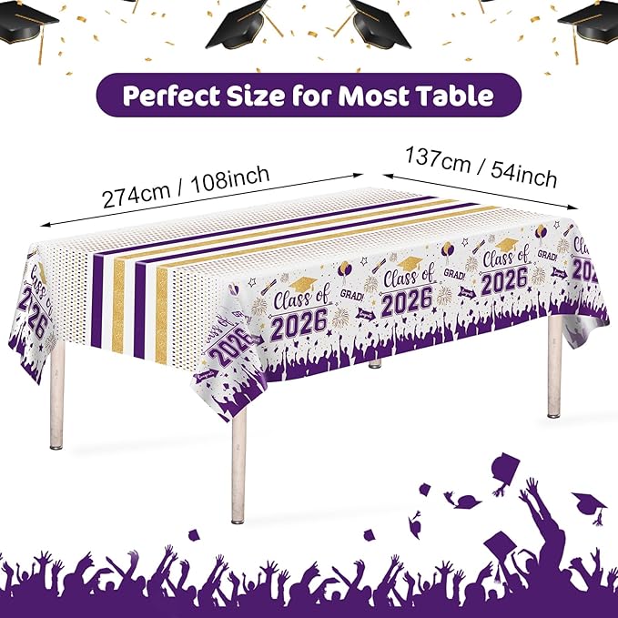 Graduation Decorations Class of 2026 Tablecloth - 3 Pcs Plastic Congrats Grad Table Cloth, Graduation Table Cover for Graduations Party Decorations 2026 and Party Supplies, 54"x108" (Purple and Gold)