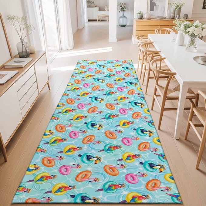 Runner Rug for Bedroom Hallway, Summer Pool Float Swim Rings Kitchen Runner Rugs Area Rug 2x6ft, Tropical Flamingo Birds Washable Soft Floor Carpet for Entryway Stair
