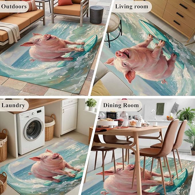 Area Rug 3x5ft, Surfing Farm Pink Pig Washable Rugs for Living Room Bedroom, Summer Blue Sea Wave Beach Soft Non-Slip Area Rugs Rectangle Floor Carpet for Dining Room