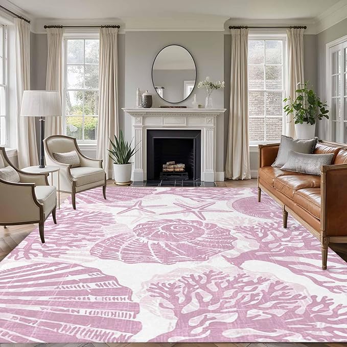 Area Rug 8x10ft, Watercolor Summer Marine Creature Washable Rugs for Living Room Bedroom, Pink Starfish Shell Conch Soft Non-Slip Area Rugs Rectangle Floor Carpet for Dining Room