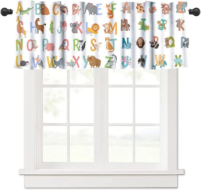 Alphabet ABC Valance Curtain, Cute Cartoon Animals Educational Tool Small Window Drapes for Kitchen Bedroom Nursery Classroom Decor, 54x18Inch