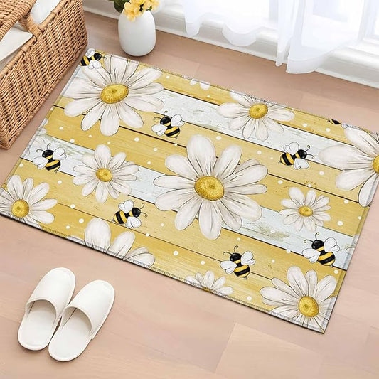 Area Rug 2x3ft, Summer Rustic Daisy Flower Bee Washable Rugs for Living Room Bedroom, Blossom Floral Yellow Wooden Soft Non-Slip Area Rugs Rectangle Floor Carpet for Dining Room