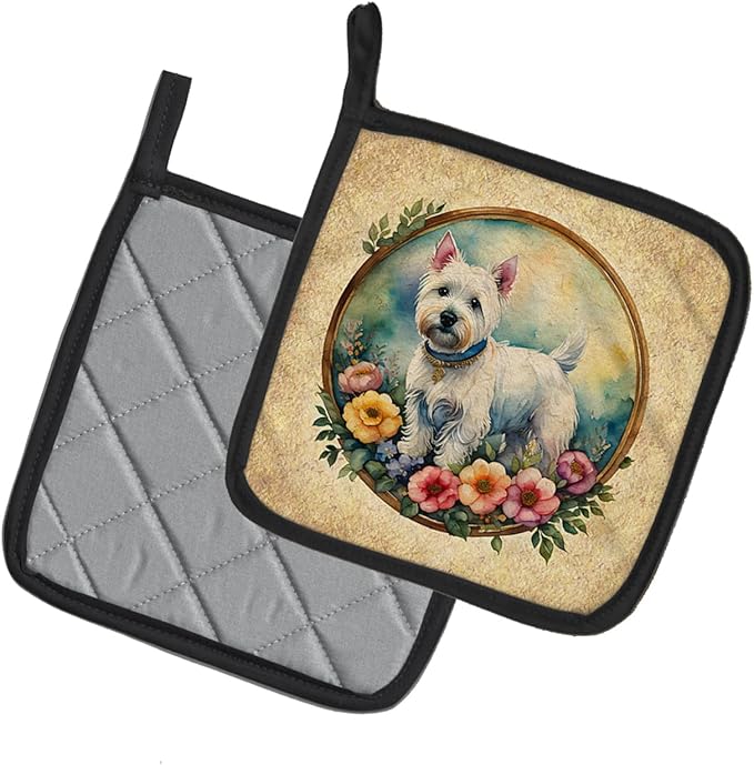 Caroline's Treasures Westie and Flowers Pair of Pot Holders Kitchen Heat Resistant Pot Holders Sets Oven Hot Pads for Cooking Baking BBQ, 7 1/2 x 7 1/2
