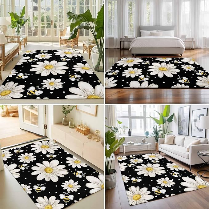 Area Rug 3x5ft, Watercolor White Floral Daisy Bee Washable Rugs for Living Room Bedroom, Blossom Flower on Black Soft Non-Slip Area Rugs Rectangle Floor Carpet for Dining Room