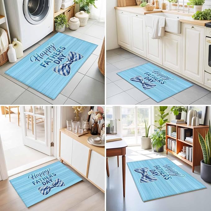 Area Rug 2x3ft, Father's Day Vintage Plank Washable Rugs for Living Room Bedroom, Cartoon Blue Stripes Bow Soft Non-Slip Area Rugs Rectangle Floor Carpet for Dining Room