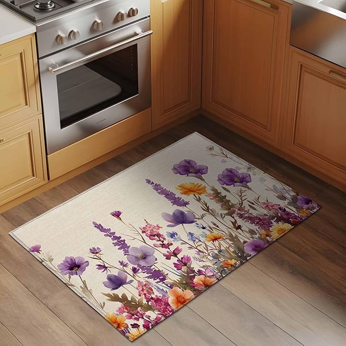 Area Rug 2x3ft, Country Flower Purple Lavender Plant Washable Rugs for Living Room Bedroom, Retro Linen Soft Non-Slip Area Rugs Rectangle Floor Carpet for Dining Room