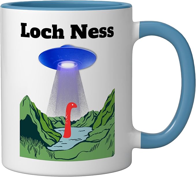 Funny UFO Loch Ness flying saucer Monster Nessie Scotland Ceramic Mug, Blue/White
