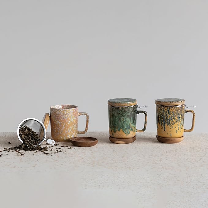 Creative Co-Op 3-Piece Stoneware Mug with Strainer, Lid and Saucer, Multicolor