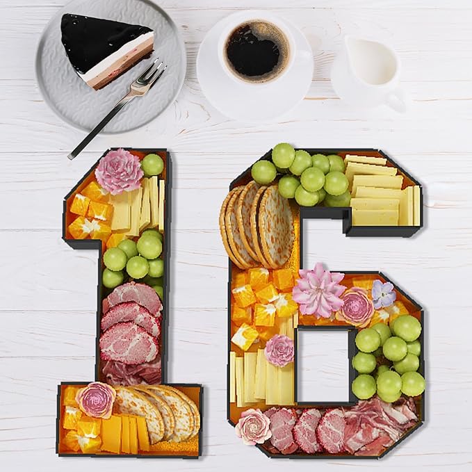 16 Cardboard Numbers for Charcuterie Numbers Fillable 13.8'' Black Gold Paper Mache Number Shaped Cupcake Pans Board Box Trays Container for Food Candy 16th Birthday Party Decorations Anniversary