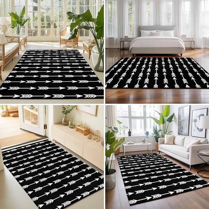 Area Rug 4x6ft, Tribal Style Arrows Pattern Washable Rugs for Living Room Bedroom, Black Background Soft Non-Slip Area Rugs Rectangle Floor Carpet for Dining Room