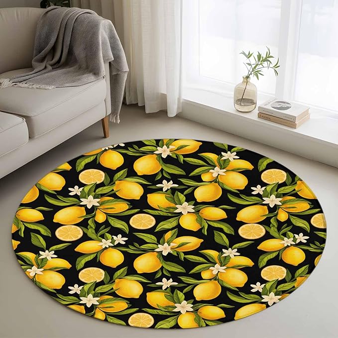Washable Round Area Rug Summer Lemon Flower Circle Rugs Floor Carpet for Living Room Bedroom, Plant on Black Soft Non Slip Round Rug 4ft