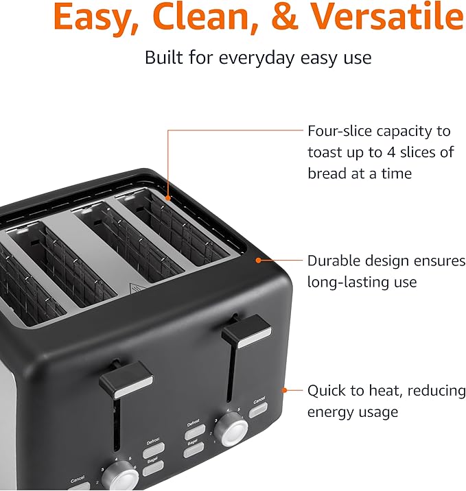 Amazon Basics 4 Slice Toaster, 7 Browning Settings, Extra Wide Slots for Bagels and Specialty Breads, Removable Crumb Tray, Cancel/Defrost/Bagel Buttons, 1500W, Black & Silver