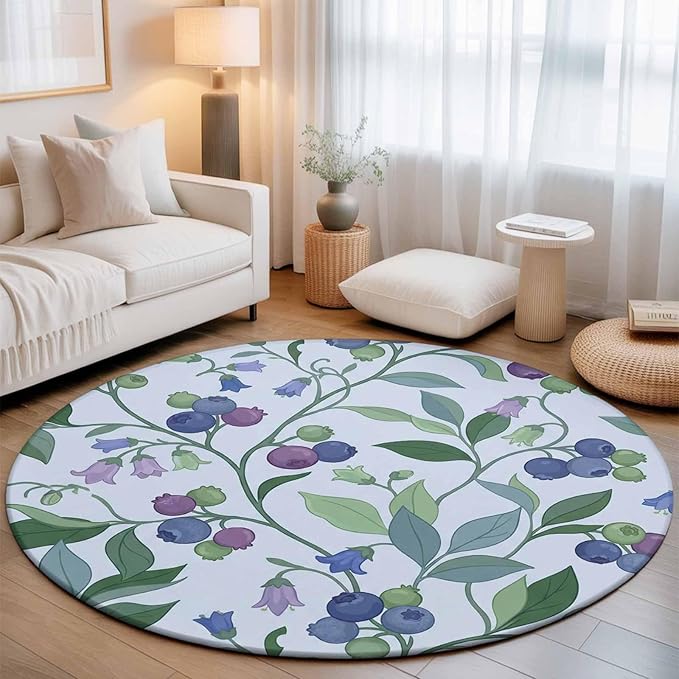 Washable Round Area Rug Blueberries Bell Flowers Circle Rugs Floor Carpet for Living Room Bedroom, Modern Watercolor Plants Soft Non Slip Round Rug 5ft