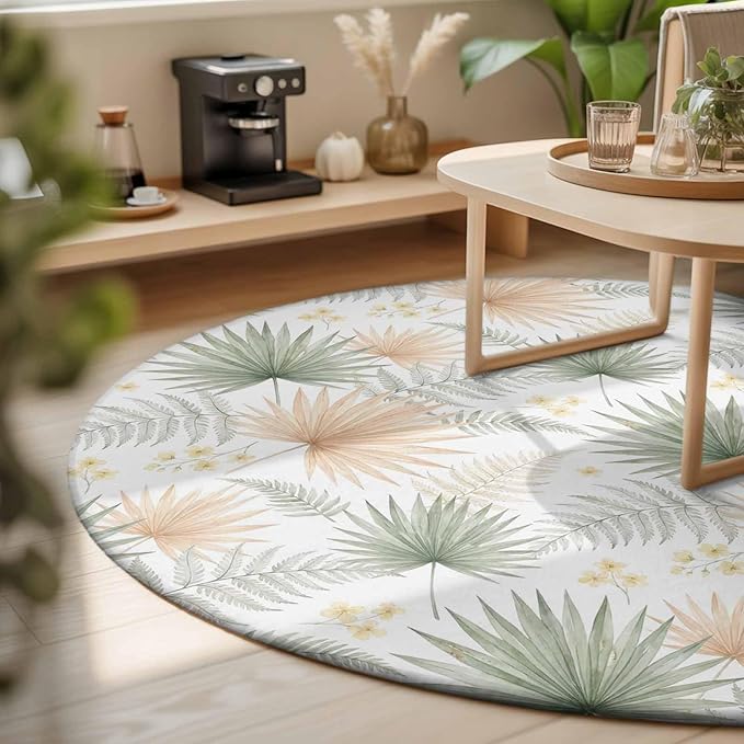 Washable Round Area Rug Boho Tropical Palm Circle Rugs Floor Carpet for Living Room Bedroom, Watercolor Seamless Background Soft Non Slip Round Rug 3ft