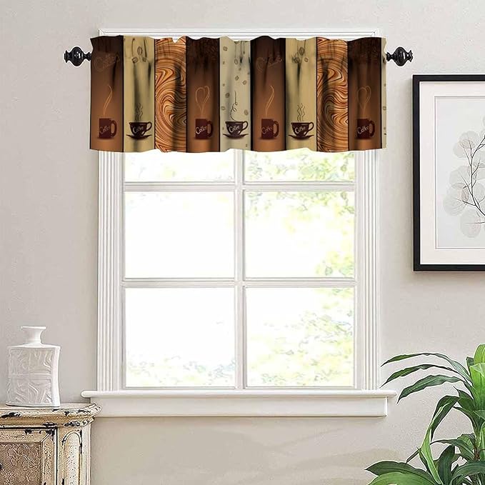 Coffee Valance Curtain, Vintage Brown Coffee Bean Swirl Cups Short Window Treatment for Cafe Kitchen Dining Room Resturant Bedroom Living Room, 54x18Inch