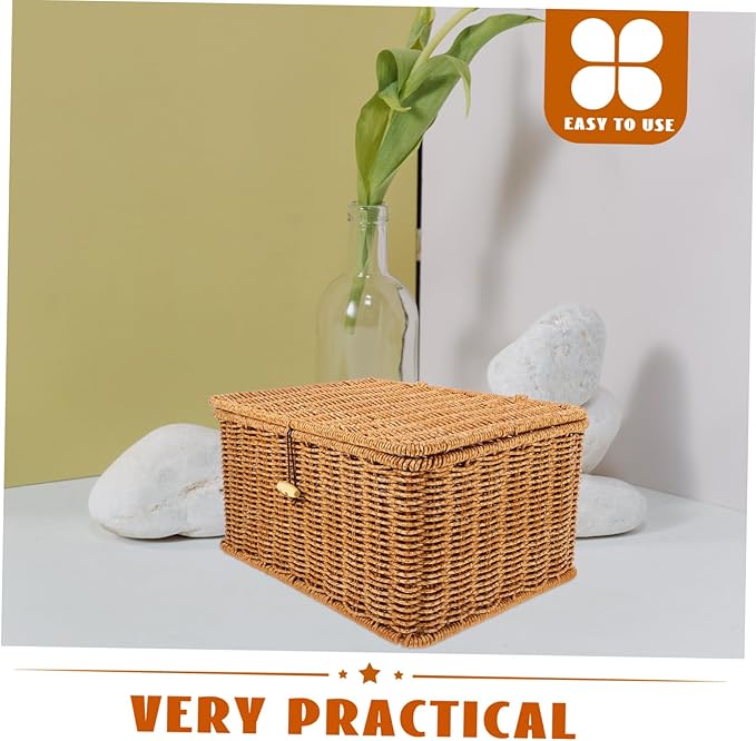 ABOOFAN Lidded Woven Storage Basket Handcrafted Imitation Rattan Box for Organizing Clothes Books and Miscellaneous Items Rustic Decor Light