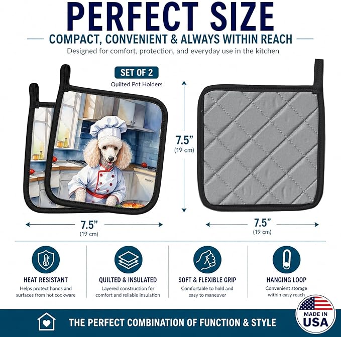 Caroline's Treasures White Poodle The Chef Pair of Pot Holders Kitchen Heat Resistant Pot Holders Sets Oven Hot Pads for Cooking Baking BBQ, 7 1/2 x 7 1/2