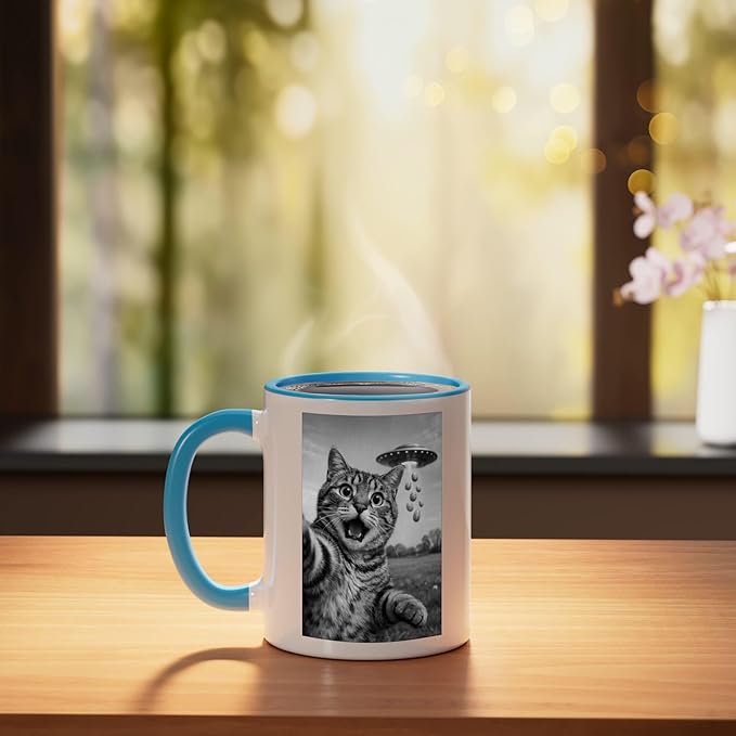 Funny Cat Selfie Easter Eggs Alien UFO Abduction Men Women Ceramic Mug, Blue/White