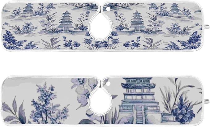 Kitchen Faucet Absorbent Mat, Ink Chinese Pagodas Trees Water Splash Guard for Sink, Faucet Drip Catcher Thicken Sponge Microfiber Faucet Water Catcher Mat Sink Absorbent Mat for Kitchen 23x5in 2Pack