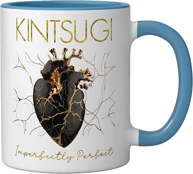Kintsugi Pottery Golden Heart Japanese Art repair Pottery Ceramic Mug, Blue/White