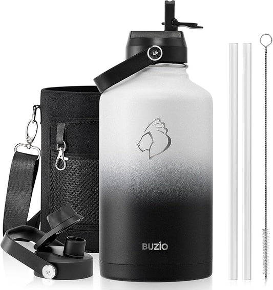 BUZIO 64oz Insulated Water Bottle with Straw Lid and Flex Cap, Stainless Steel Powder-Coat Water Flask, Keep Beverage Cold for 48 Hrs Hot for 24 Hrs Simple Thermo Canteen Mug, White and Black