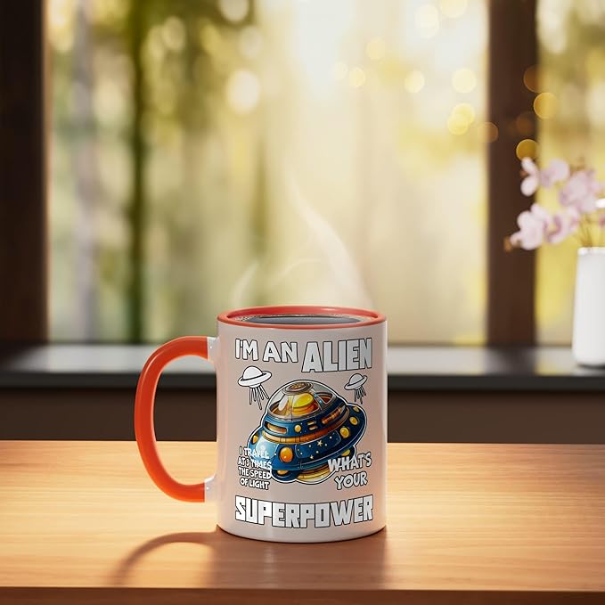 I'm An Alien I Travel Speed Of Light Space Apparel Ceramic Mug, Orange/White