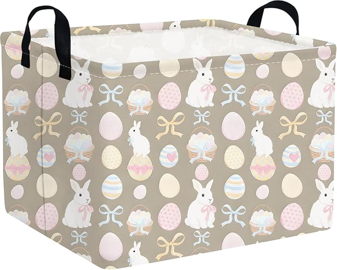 FXOLCSHE Rectangular Easter basket,Easter basket empty,Nursery Hamper,Collapsible waterproof baby toy storage box for Kids,Toy Organizer,Easter Home Decor,Gift Baskets(Bowknot egg)