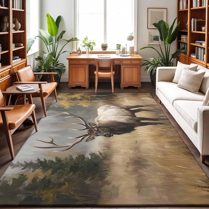 Area Rug 3x5ft, Brown Animals Elk Washable Rugs for Living Room Bedroom, Retro Forest Landscape Soft Non-Slip Area Rugs Rectangle Floor Carpet for Dining Room