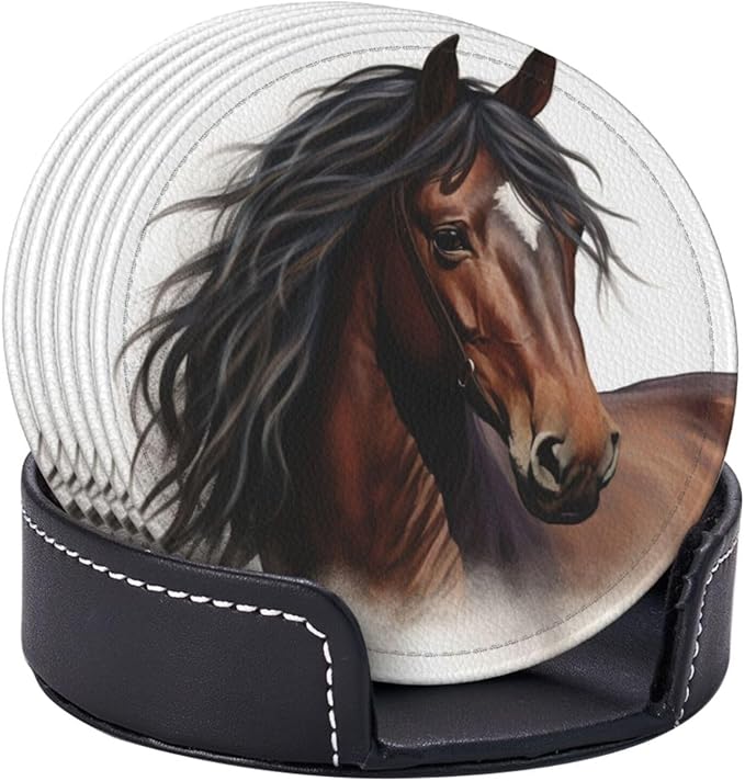 Famame 6 Pcs Handsome Brown Horse Leather Coasters for Drinks with Holder Coaster Sets Drink Table Cup Coasters for Living Room Kitchen Coffee Decor