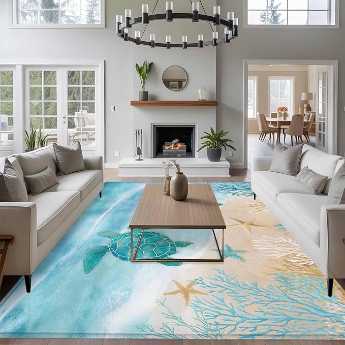Area Rug 6x9ft, Sea Turtle Starfish Coral Washable Rugs for Living Room Bedroom, Summer Seaside Ocean Life Soft Non-Slip Area Rugs Rectangle Floor Carpet for Dining Room