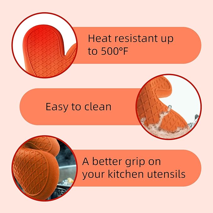 Pair of 2 Heat-Resistant Silicone Oven Mitts – Extra Long, Non-Slip Grip, Soft Cotton Lining, Perfect for Baking, Cooking & BBQ – 13” x 7” Kitchen Gloves (Pumpkin)