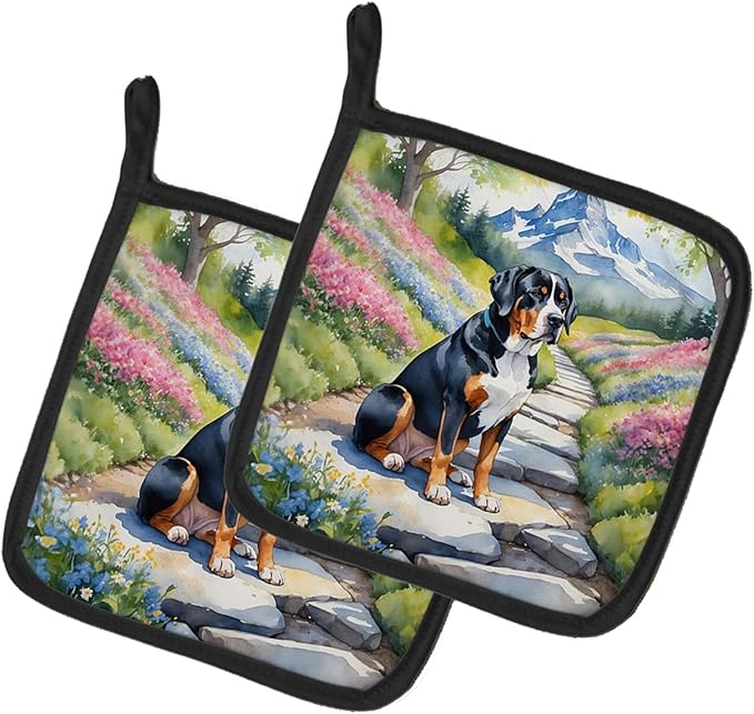 Caroline's Treasures Greater Swiss Mountain Dog Spring Path Pair of Pot Holders Kitchen Heat Resistant Pot Holders Sets Oven Hot Pads for Cooking Baking BBQ, 7 1/2 x 7 1/2